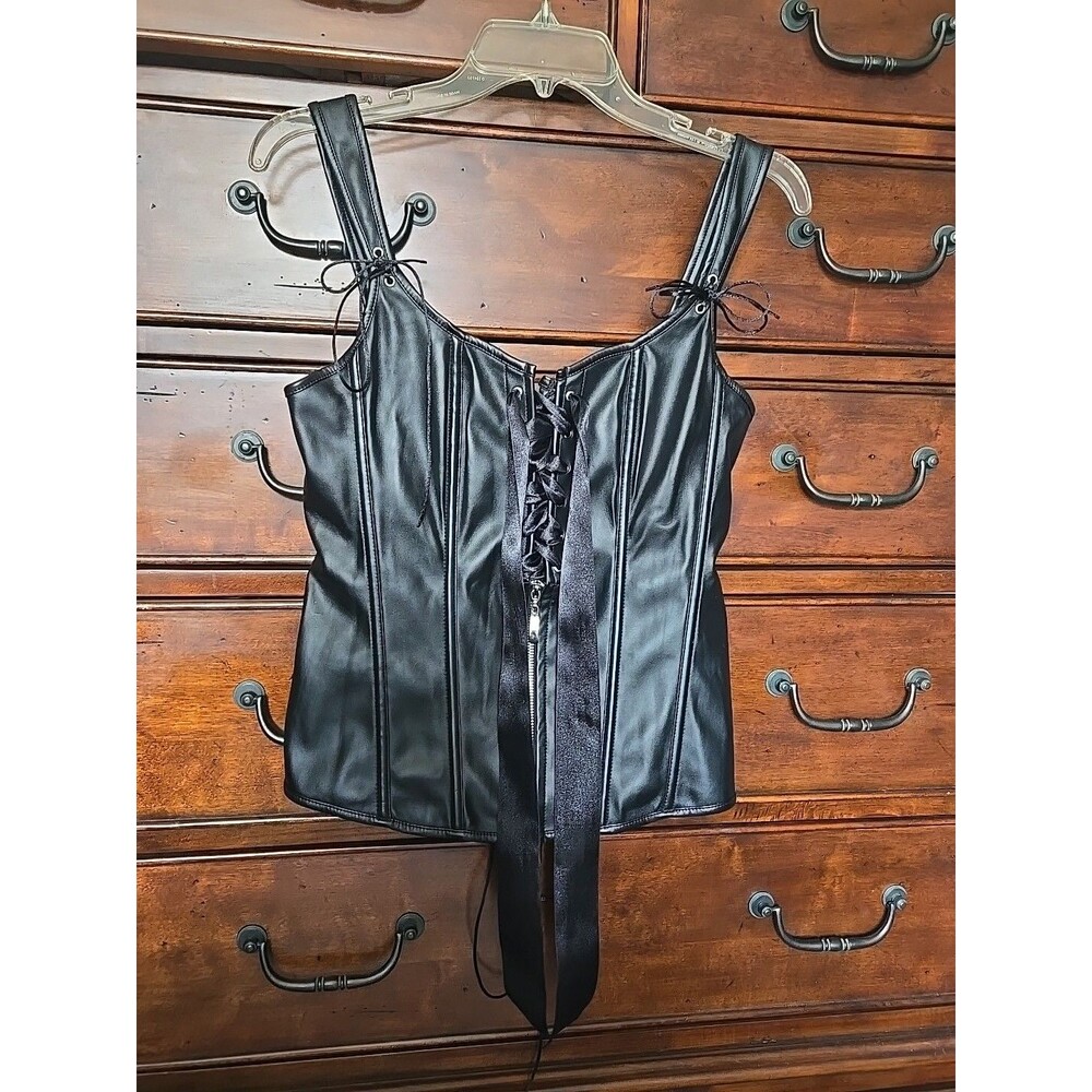 Charmian Stretch PVC Black Lace Up Boned Dom S&M Goth Punk Bustier Corset XL